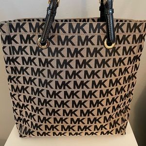 MK Logo Canvas (black and tan) Gold Buckle with Leather Shoulder Strap Tote